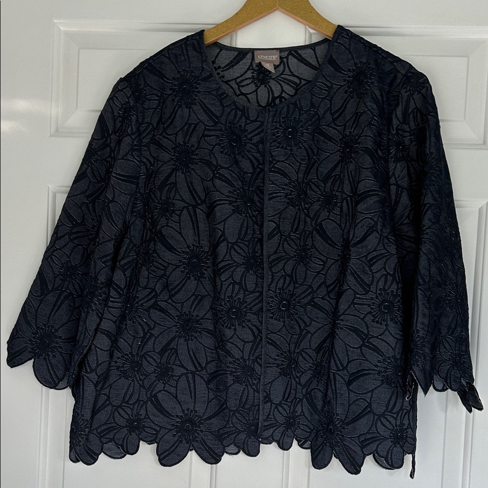 Chico's Black Floral Lace Jean Jacket